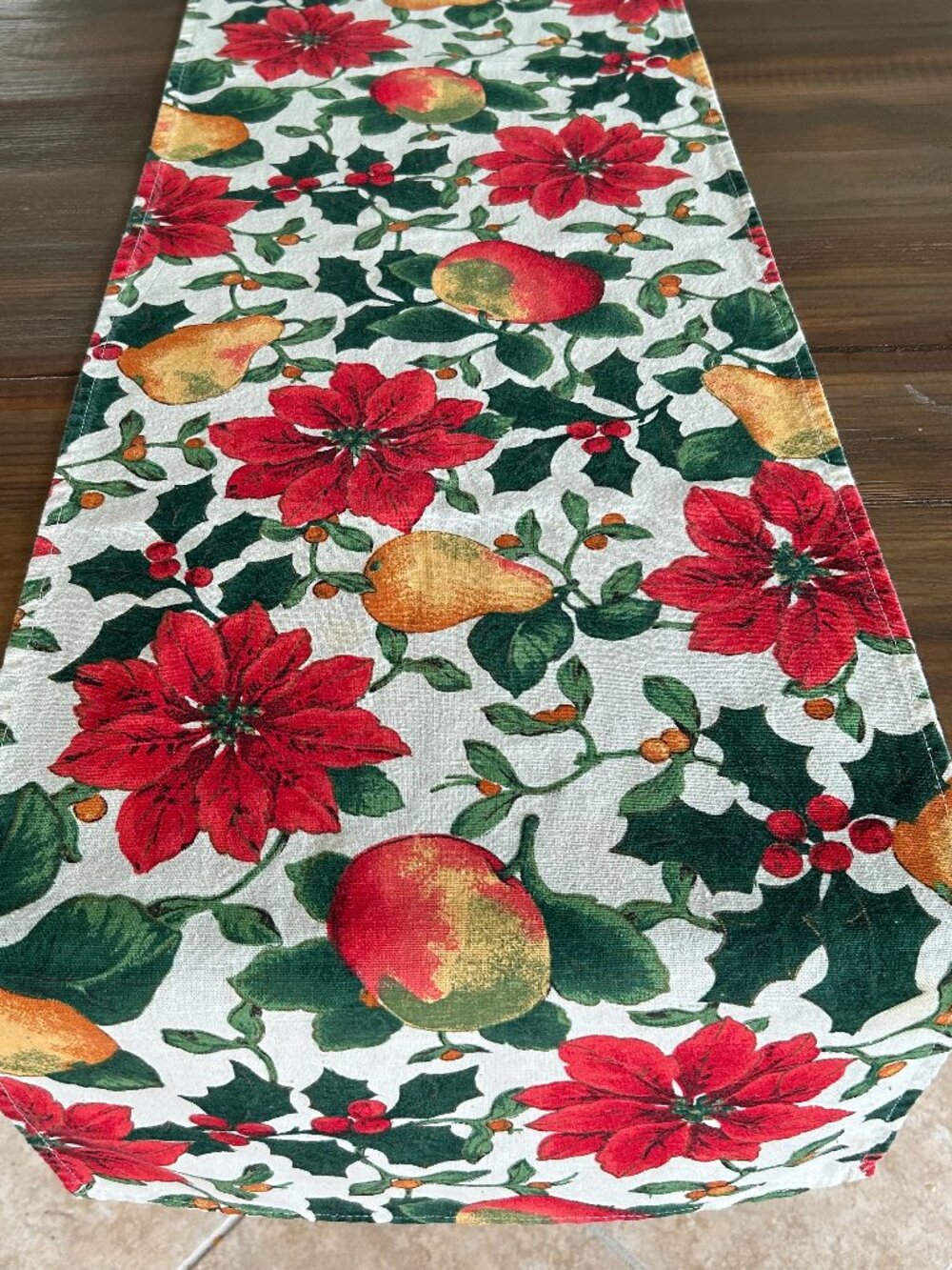 Bright Christmas Poinsettias Fruit & Holly Print Table Runner 68 in. x 14 in.